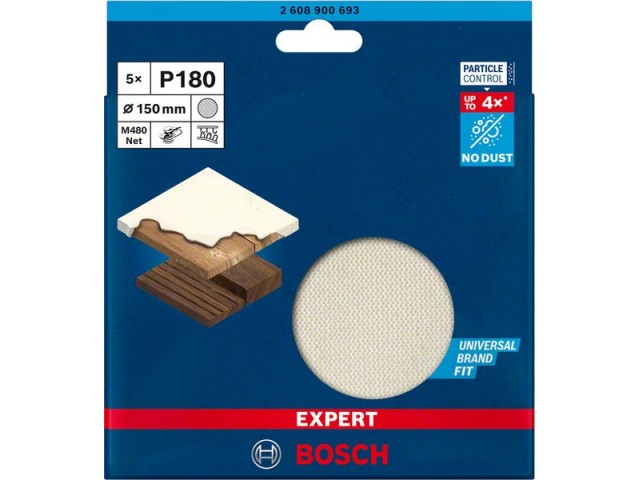 5-delni komplet brusnih mrež Bosch EXPERT M480 za ekscentrične brusilnike, 150mm, Zrnatost: 180, 2608900693